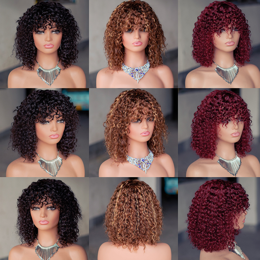 8 to 14 Inch Deep Wave Curly Bob Wig Real Human Hair with Machine Weft Cap and Bangs Perfect for a Natural and Stylish Look