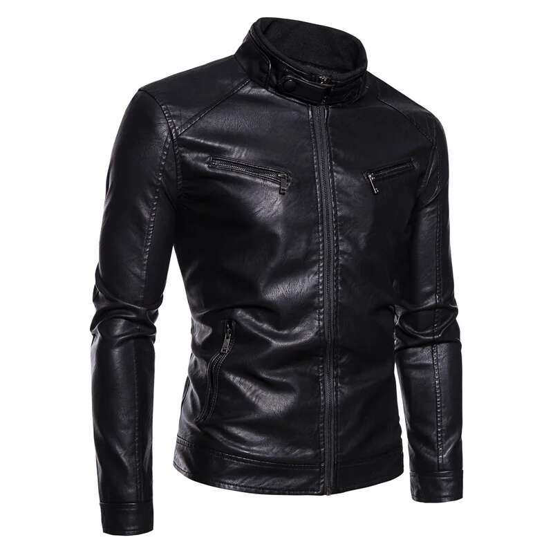 Men'sleather Spring And Autumn Outdoor Motorcycle Casual Men's Stand Up Collar Winter Thick Slim Fit Jacket