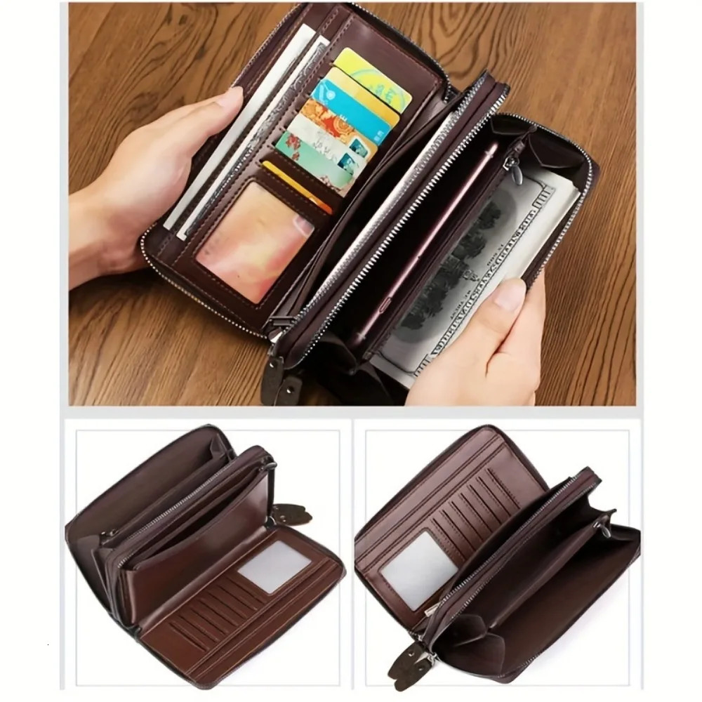 Oil Wax Leather Large Clutch Handbag Zipper Around Wallets Wristlet Card Business Phone Wallet Case for Men 250311