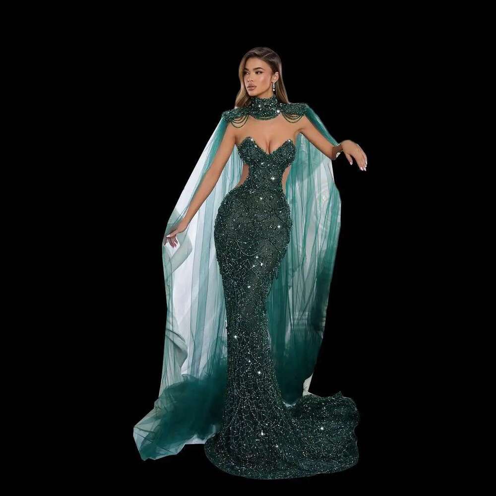 Real Beading Lace Mermaid Prom Dresses, Sexy High Neck Sequined Formal Party Sweep Train Evening Dress, Custom Made