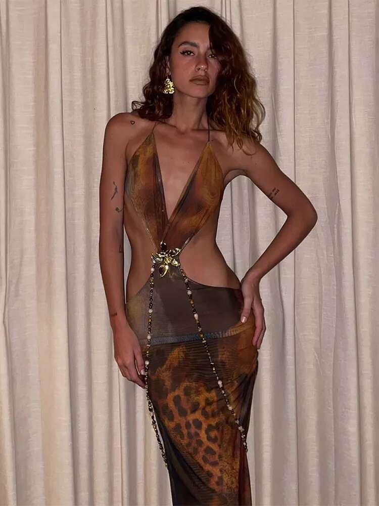 Sexy Halter Tie-Dye Women Maxi Dress Fashion Cut Out High Waist Chest Wrapped Backless Robe 2025 New Spring Female Beach Dresses