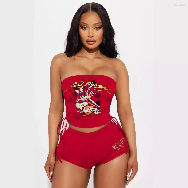 Women's Tracksuits European Style Strapless Crop Top And Shorts Set Print Streetwear 2025 Summer Sexy Matching Two 2 Piece Sets Outfits