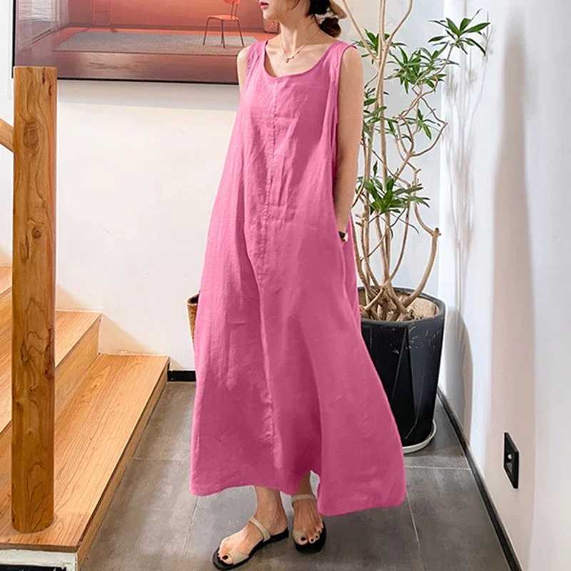 2024 New Summer Women Sleeveless Sundress Elegant Round Neck Cotton Linen Solid Long Tank Dress Vintage Pockets Beach VestidosT250311
