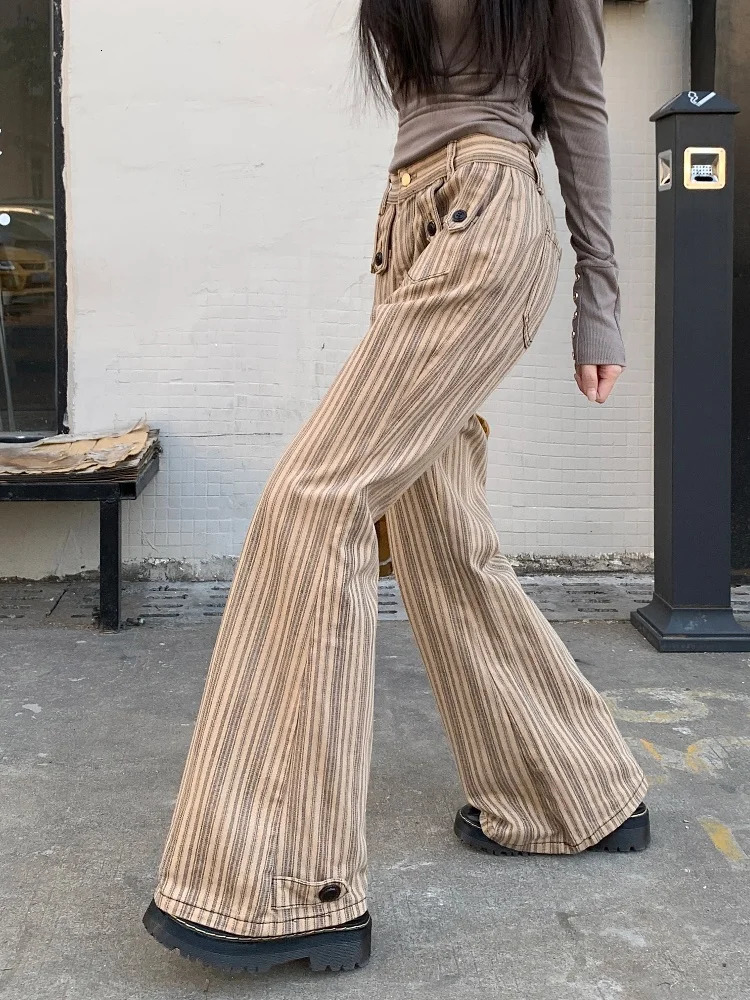 Clothing Y2K Fashion sweet Khaki Slim Striped Flare Jeans Pants For Women Clothes Korean Casual Lady Trousers Femme 250311