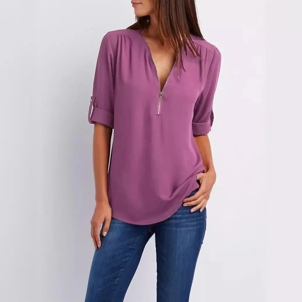 Quality Sale Plus Size Deep V Neck Women Blouse Chiffon Cool Loose Shirt Fashion Casual Ladies Tops Sexy Zipper Pullover 250311