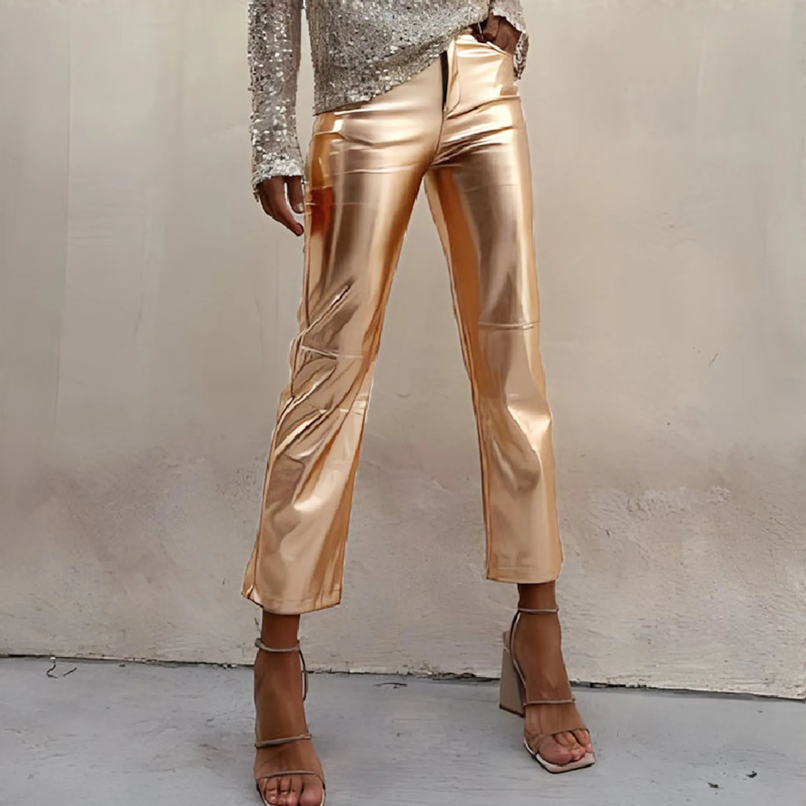 Gold shiny womens pants 2024 fashionable casual PU leather pants solid color ankle pants nightclub womens pants 250305