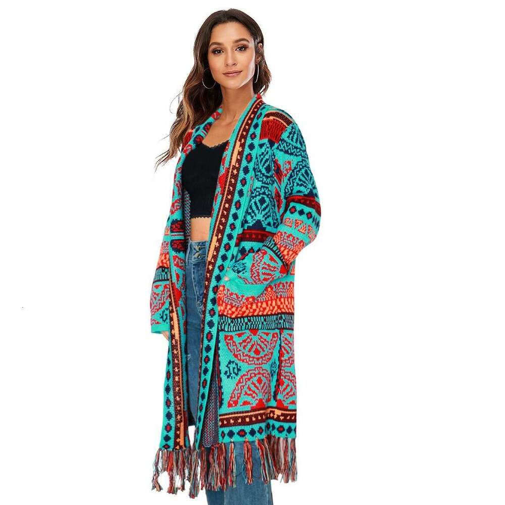 Spring And Autumn New Style Lapel Long Cardigan Peacock Green Bohemian Fringe Knitted Jacquard Jacket