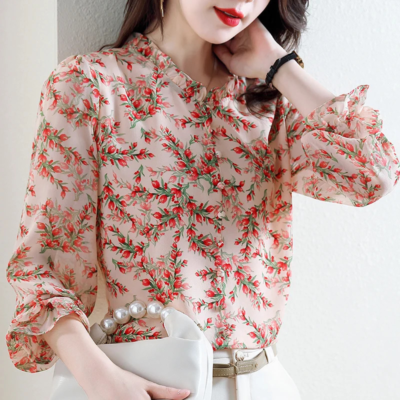 Fashionable 3D rose printed chiffon shirt for spring and summer floral with pleated collar 34 sleeves womens top 250311