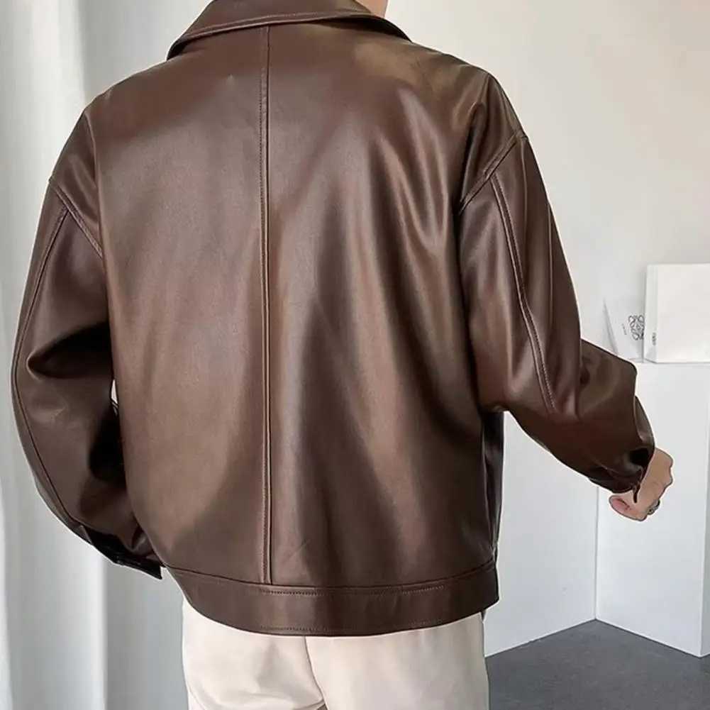Retro Men Jacket Faux Leather Lapel Long Sleeve Single-Breasted Jacket Coat Loose Waterproof Warm Jacket PUT250311