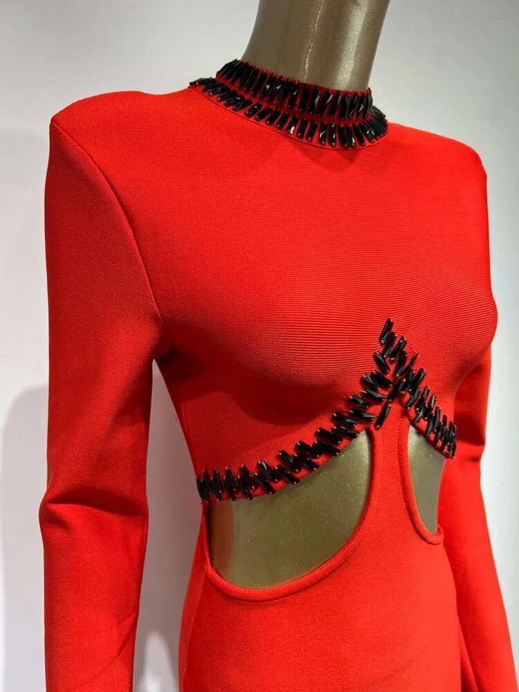 Women Sexy Long Sleeve Beading Feather Red Mini Bandage Dress Celebrity Elegant Evening Party Club Clothing