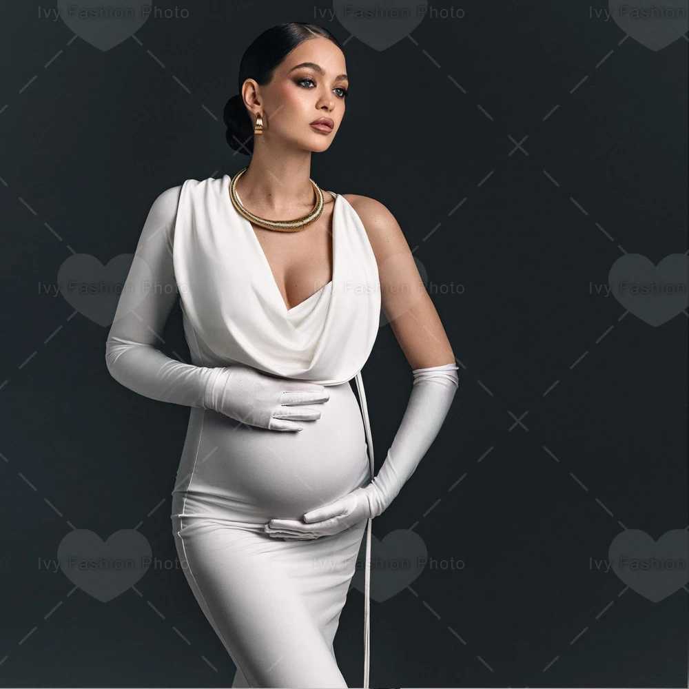 Photo shoot Pregnant womens party dress with solid color single shoulder slim fit elastic fabric X250224