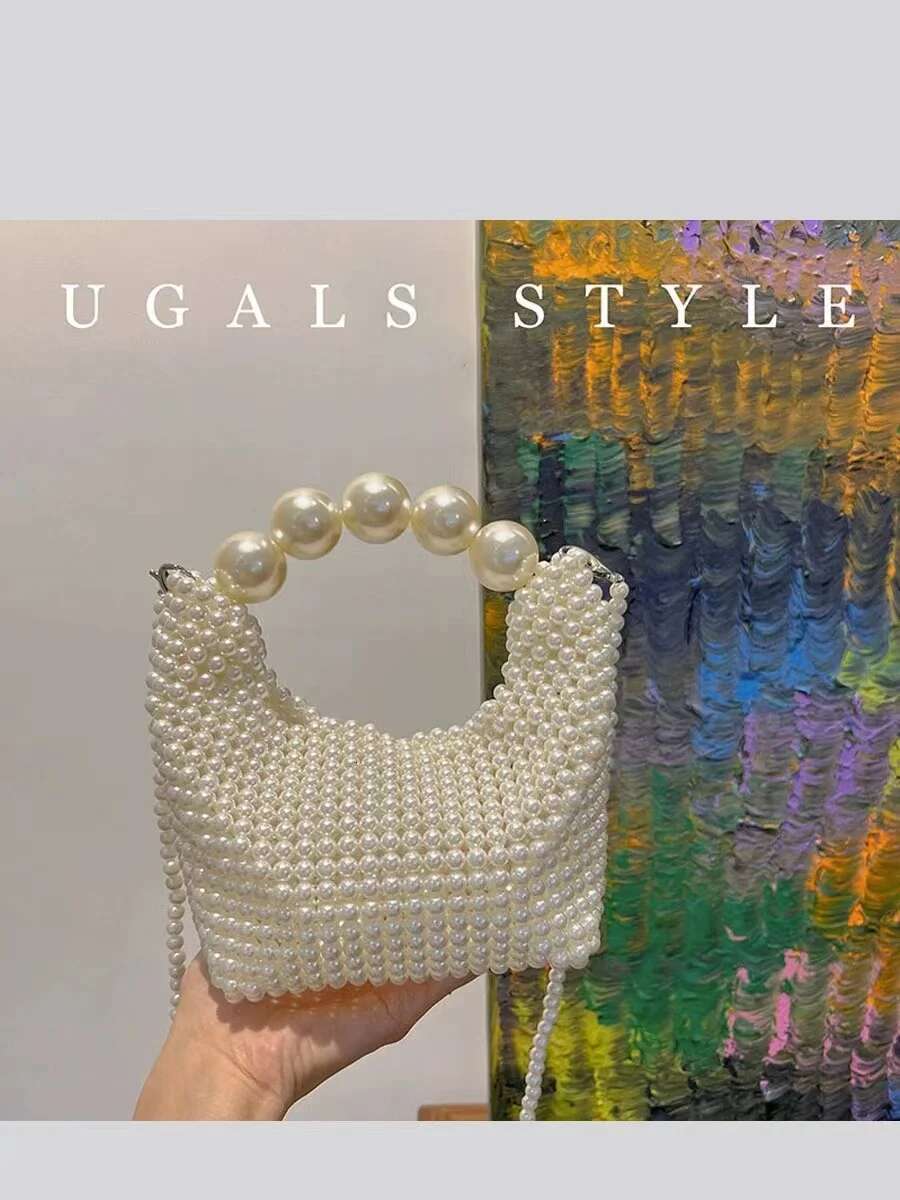 Pearl Beading Woven Handmade Hobo Fashion Women Handbag Evening Wedding Party Clutch Purse Shoulder Crossbody Bag