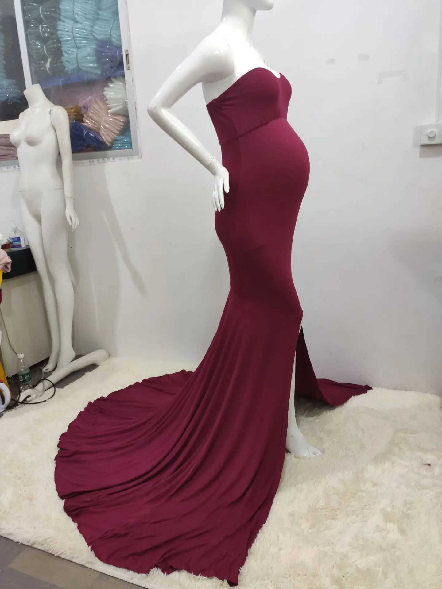 Pregnant womens summer shoulder evening gown photo shoot pregnant womens sexy split style long tail gown X250224