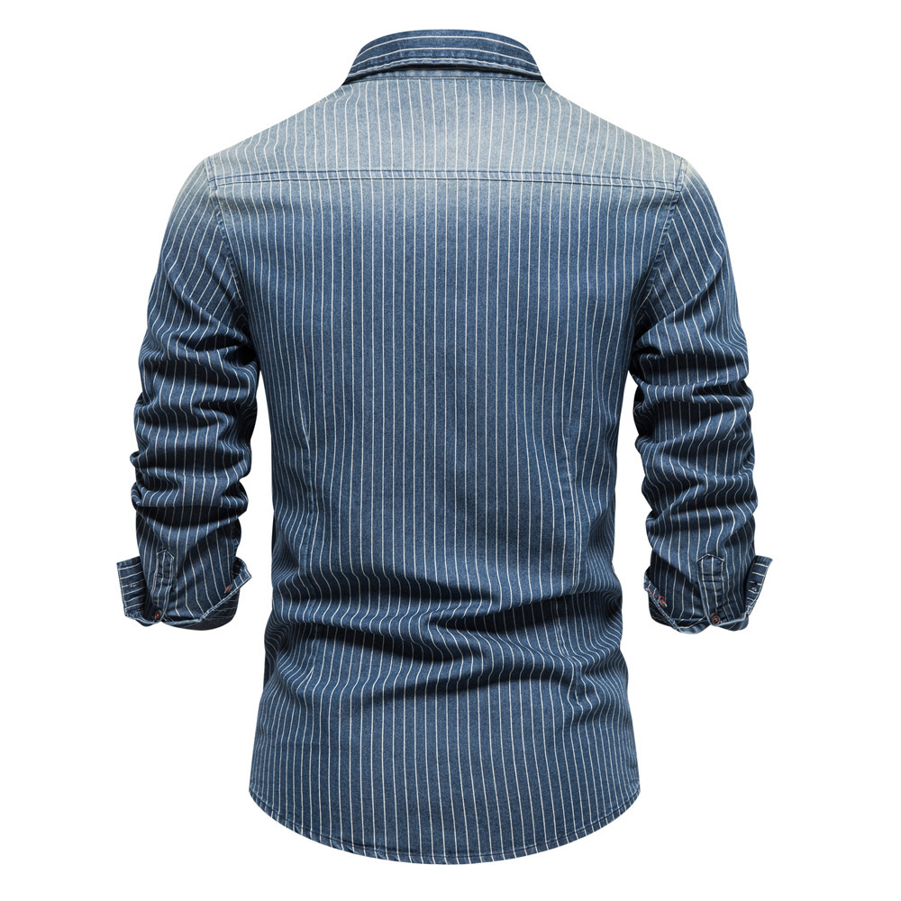 fashion High-Quality Heavy-Duty Washed And Worn Striped For Men, Men's Long Sleeved Denim Shirt
