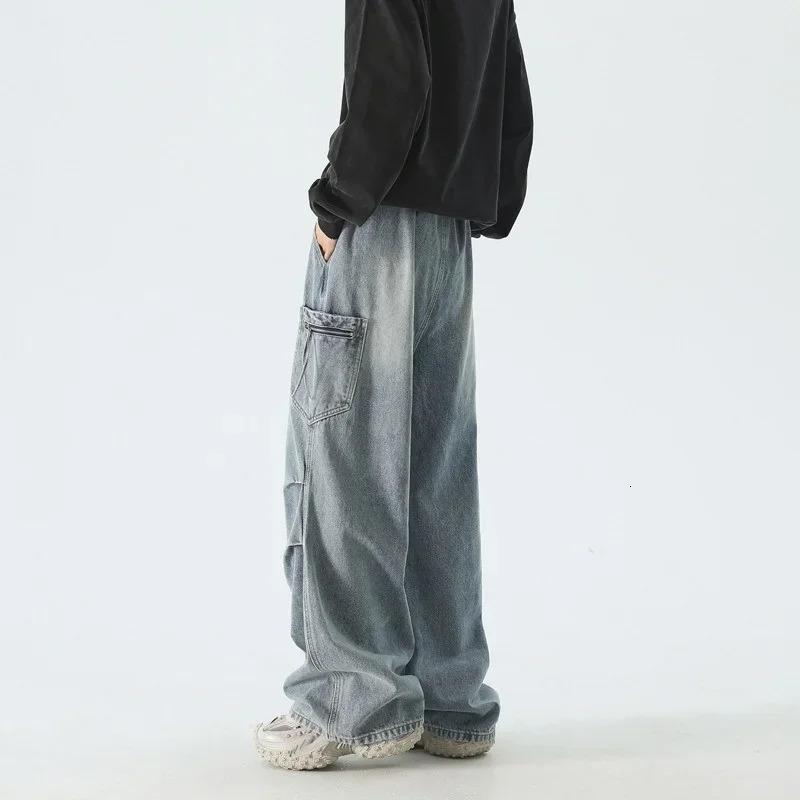 High Street Wrinkle Jeans Mens Cargo Pocket Straight Wide Leg Denim Pantalones Hombre Hip Hop Fashion Bag Y2K 250311