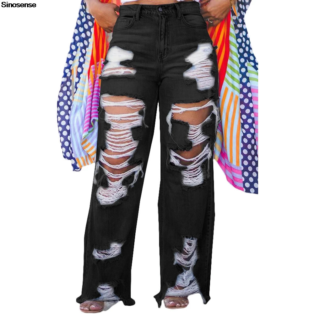 Womens Casual Loose Ripped Denim Pants High Waist Boyfriend Destroyed Distressed Wide Leg Jeans Daily Wear Street Y2K 250311
