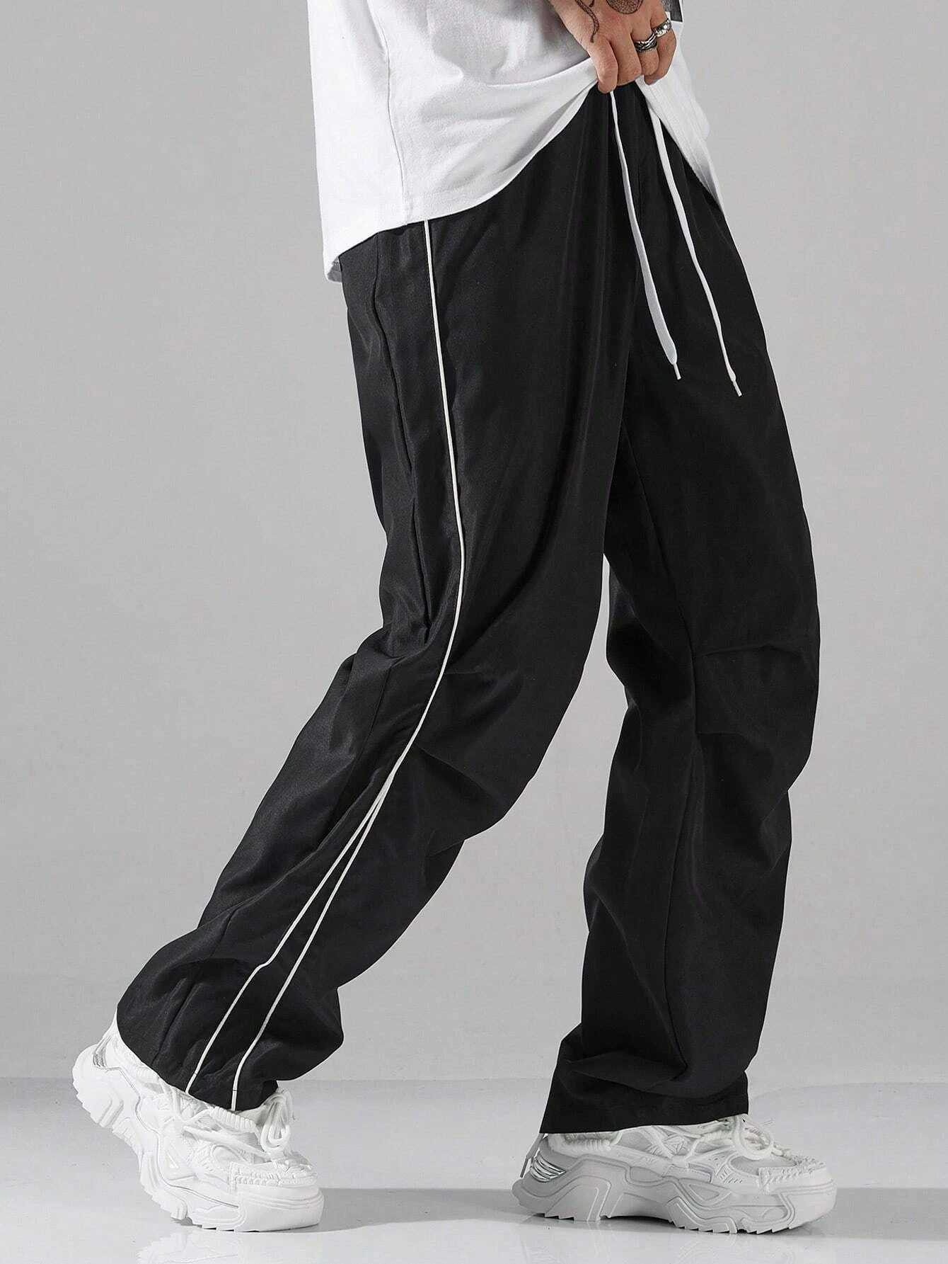 Larbulse Men Contrast Trim Trouser Fashion Casual Pants Solid Color Breathable Loose Straight Drawstring Pants StreetwearT250319