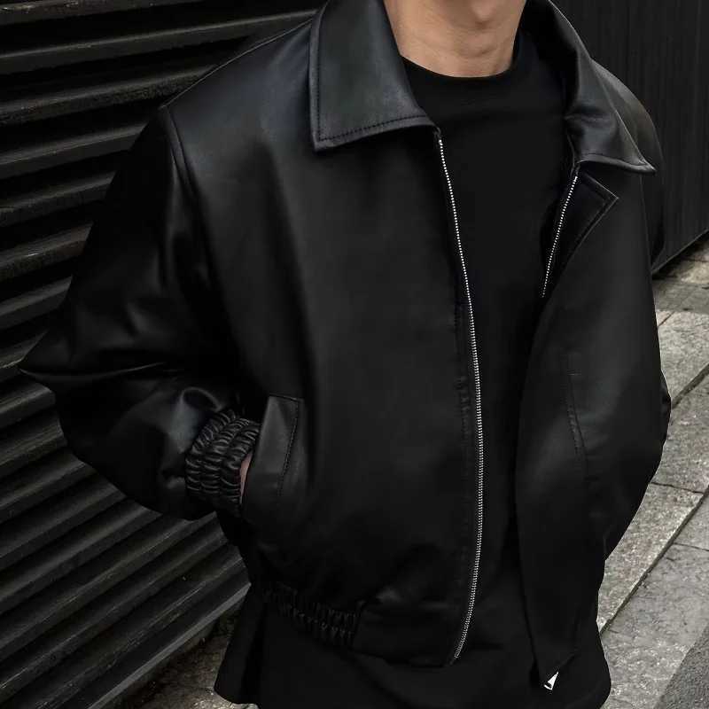 Korean Fashion PU Leather Jacket Mens Trendy Casual Black Zipper Jacket Loose Lapel Shoulder Pads Motorcycle Uniform WindbreakerT250311
