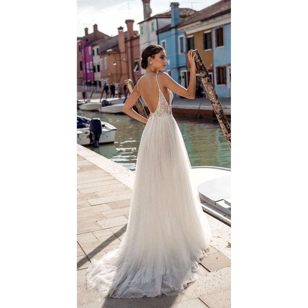 A Elegant E Wedding Dresses Side Split Spaghetti Sexy Illusion Boho Beach Vestidos De Novia Pearls Backless Bohemian Bridal Gowns
