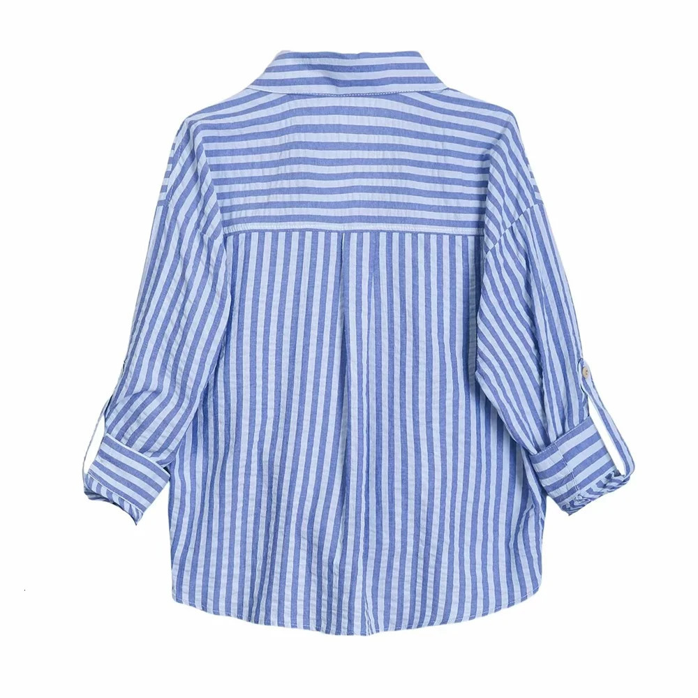 Summer Product Womens Casual Collar Curled Edge Long Sleeve Linen Blended Striped Dress Shirt 250310