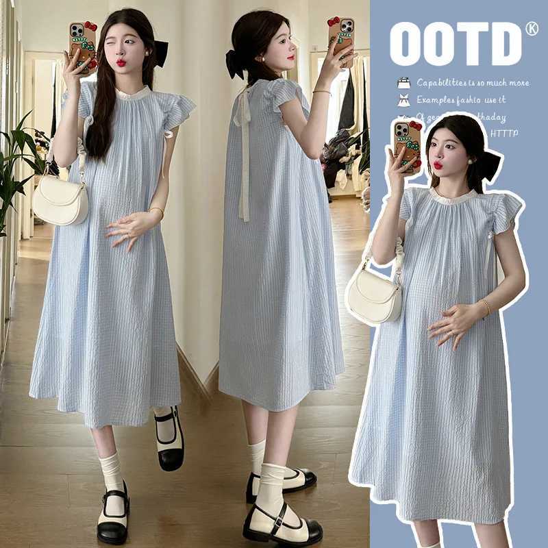 Summer New Maternity Dress French Small Fresh Sweet Small Fly Sleeve Maternity Dress Maternity Summer Dress One-Piece SkirtT250311