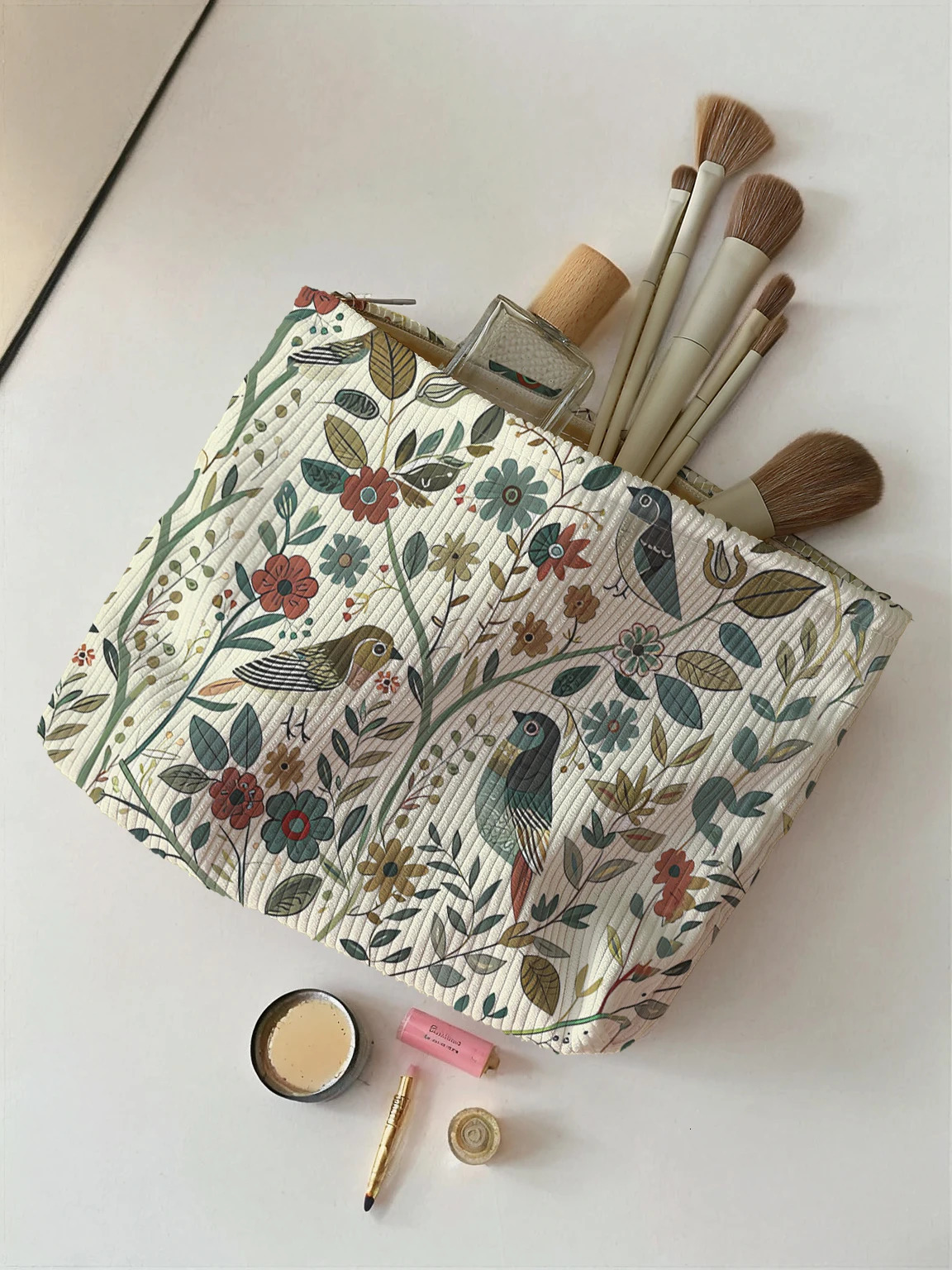 1pcBranch bird pattern corduroy zipper makeup bag lightweight and multifunctional cosmetic storage 250311