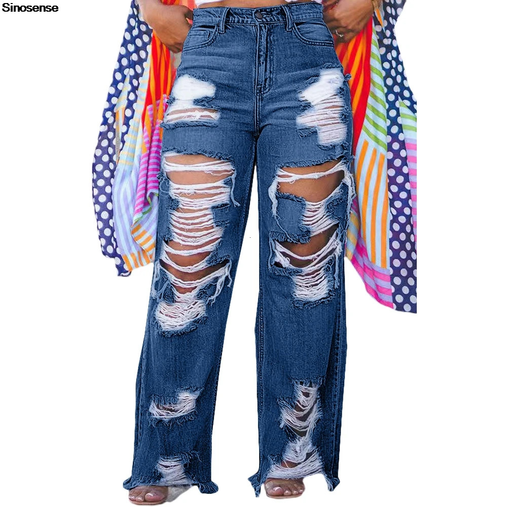 Womens Casual Loose Ripped Denim Pants High Waist Boyfriend Destroyed Distressed Wide Leg Jeans Daily Wear Street Y2K 250311
