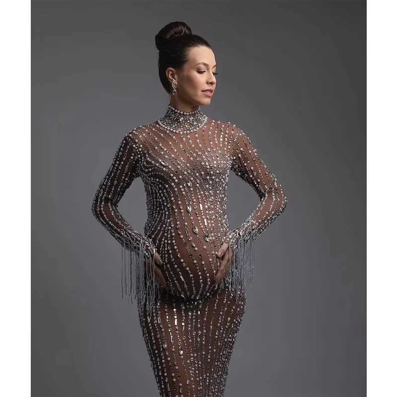Rhinestone Embellished Maternity Dress For Pregnancy Photoshoot Pregnant Photography Outfit Sexy Stretchy Skinny Women Mesh Gown X250224