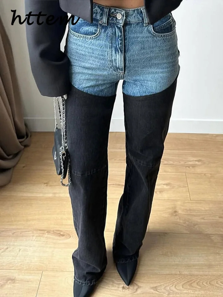 Street womens spliced straight jeans high waisted zipper pocket denim pants springsummer Y2k hiphop Trouser 250310
