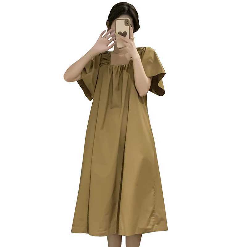 Korean Style Plus Size Maternity Dress with Pockets Solid Color Flying Sleeve Square Collar Pregnant Woman A-Line Dresses LooseT250311