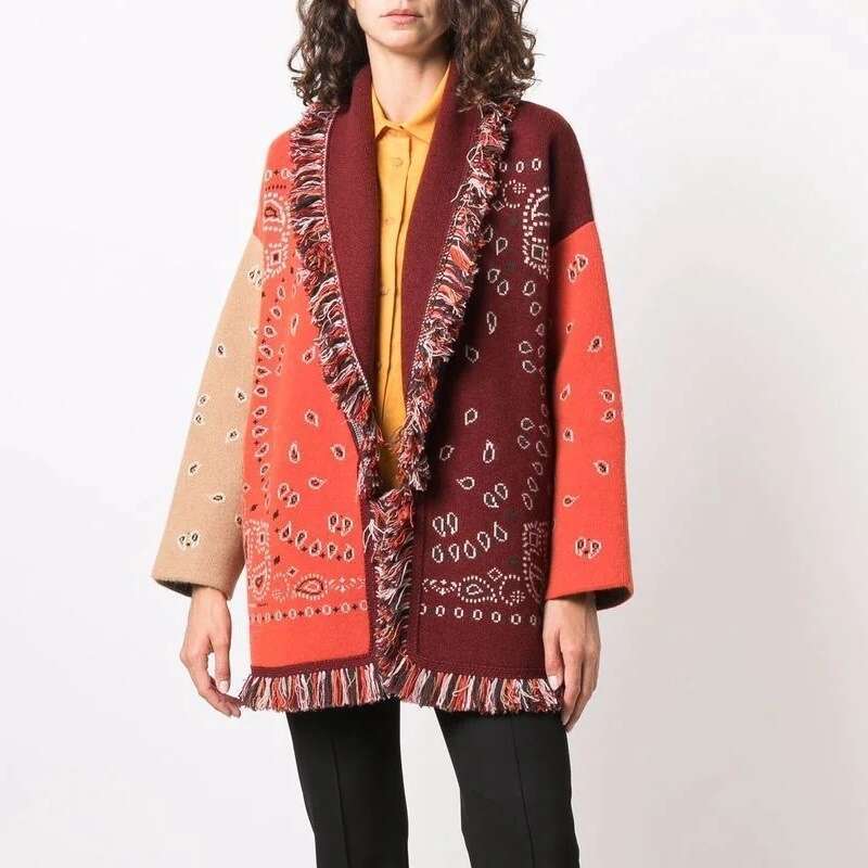 New Niche Bohemian Color Blocked Jacquard Sweater Cardigan Wool Blend Loose Knit Jacket