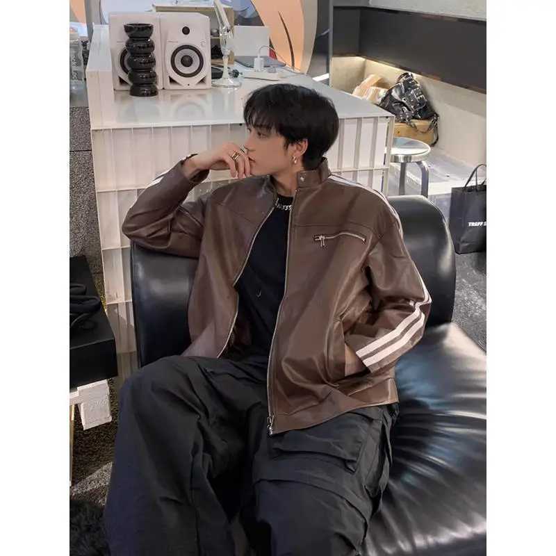 Retro High Street Striped PU Leather Jacket Korean Fashion New Zipper Jackets for Men Harajuku Long Sleeve Coats StreetwearT250311