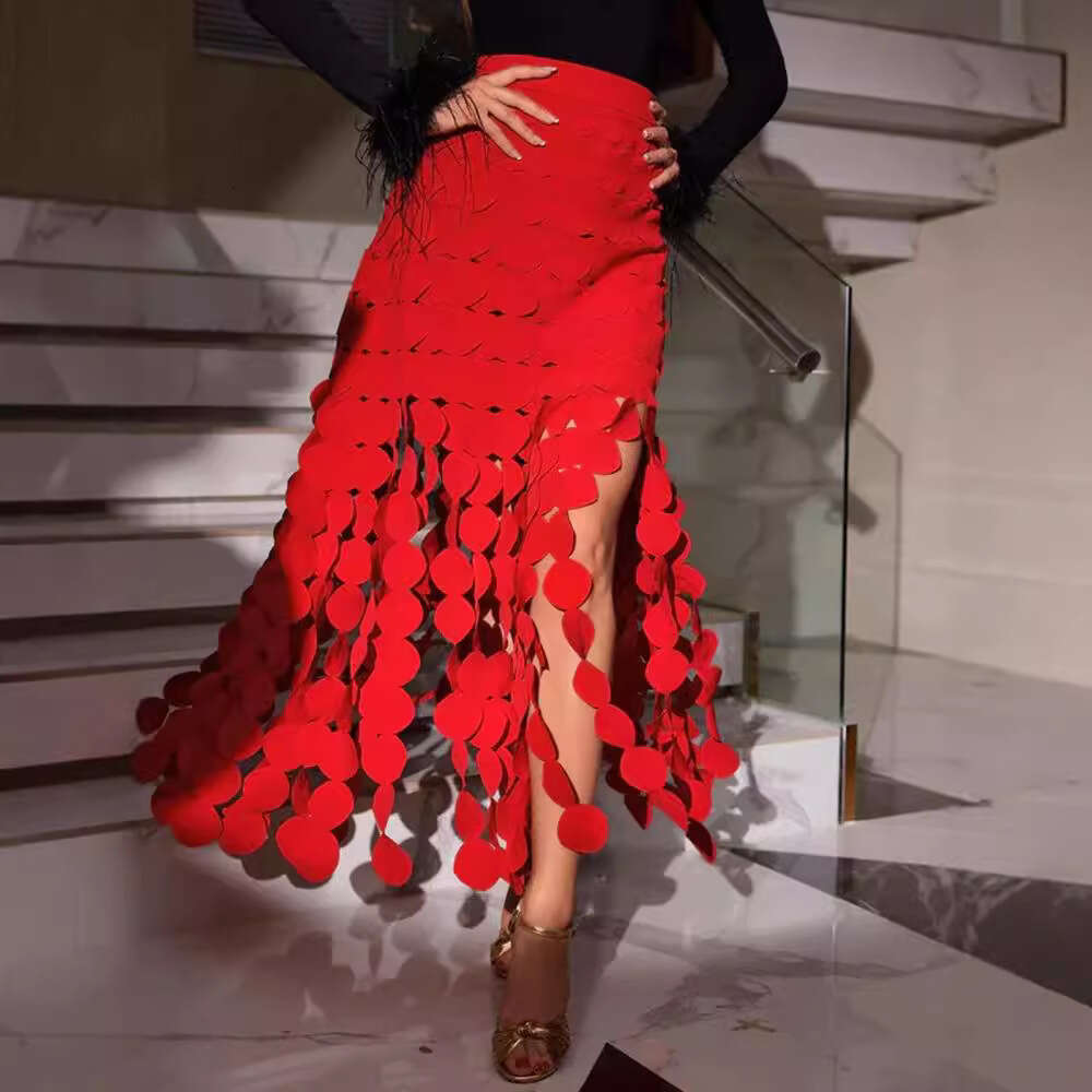 Australian New Long With High-End Design, Hollowed Out Circular Fringe, High Waist, Solid Color, Hip Hugging Skirt
