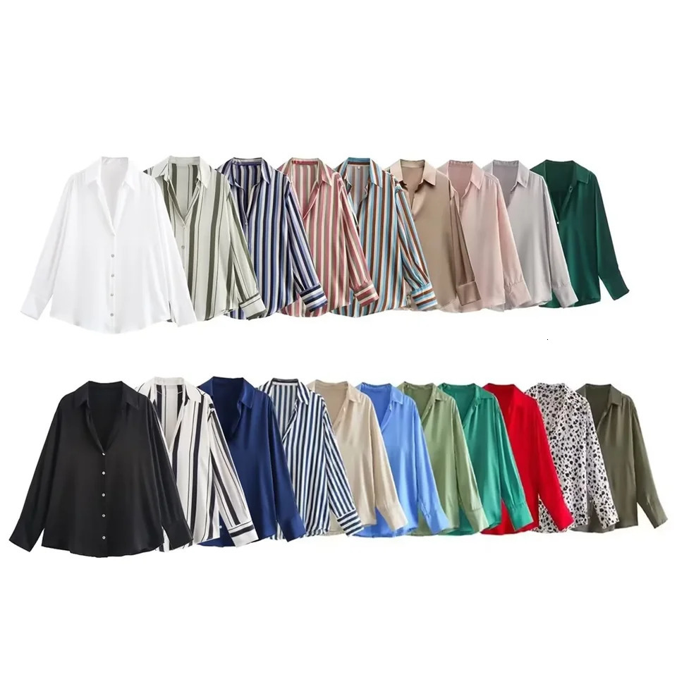 Kar Otza Womens Autumn Product Collar Long Sleeve Loose Lazy Style Silk Texture Striped Shirt 250311