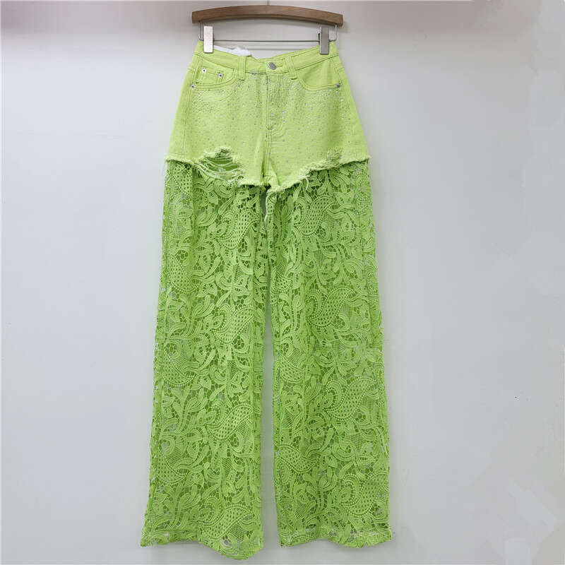 Pink Lace Splicing Heavy-Duty Hot Stamping Wide For Women 2024, With High Waist Slimming Effect, And A High-End Straight Leg Casual Pants