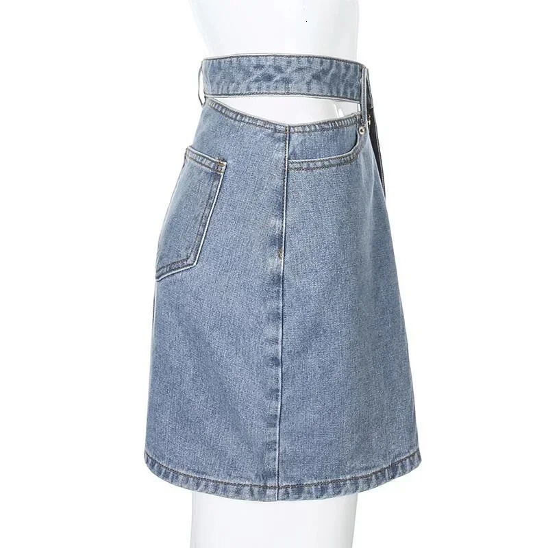 Fashionable high waist split wrapped buttocks leather jacket for women in summer slim fit denim half body dress commuting and leisure trend streetwear
