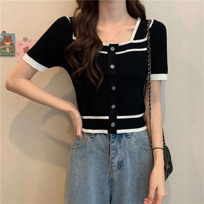 South Korea Spring Summer Style Square Collar Backless Sleeve Slim Fit Contrasting Short Base Knit Sweater Top For Women