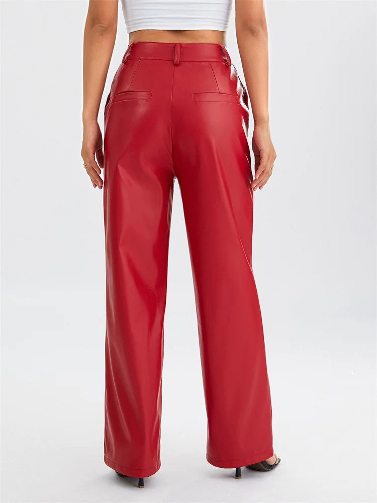 Womens PU Leather Long Pants Solid Color High Waist Wide Leg Straight Pants Summer Autumn Vintage Elegant Loose Trousers Fashion 250305