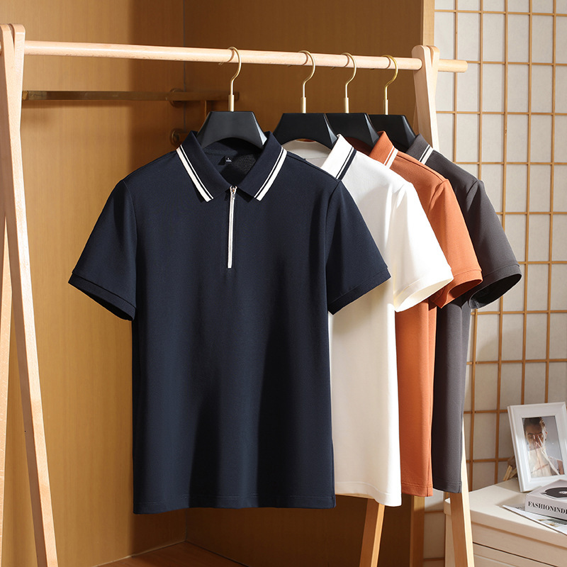 Short sleeved polo shirt men's collar solid color blue zipper casual summer new T-shirt men