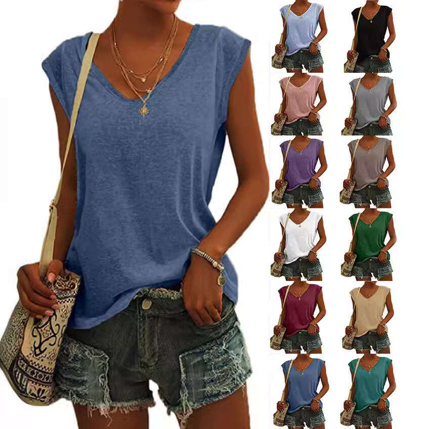 2025 New Womens Solid Color V-neck Cap Sleeves Loose T-shirt Summer Printing Short Sleeve Slim Crop Top Casual Graphic T Shirts Street Activity Crop T