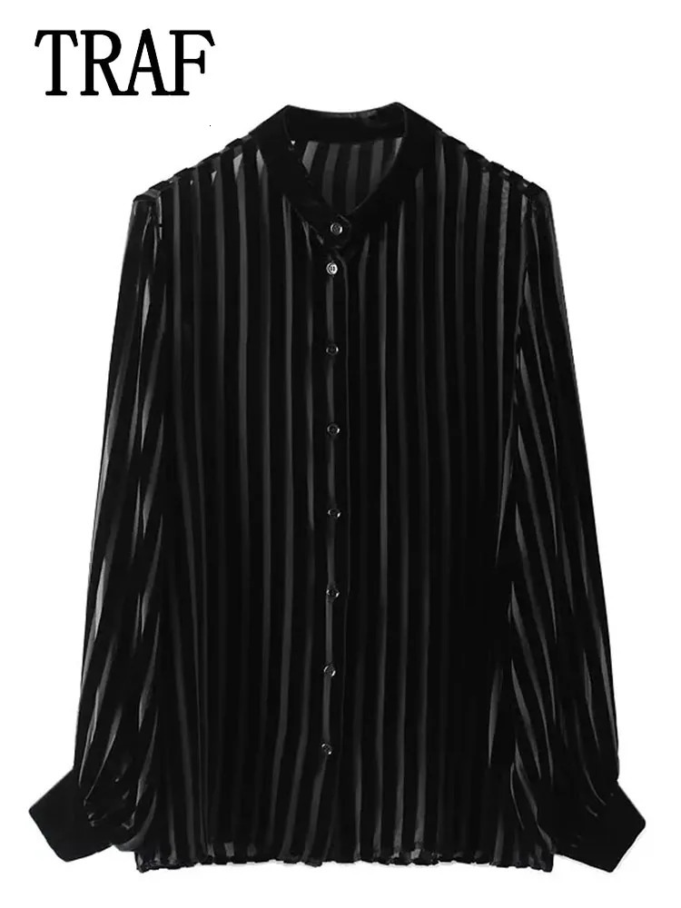 Womens Black Oversize Shirt Striped Velvet Shirts Woman Long Sleeve and Blouses Female Semi Sheer 250311