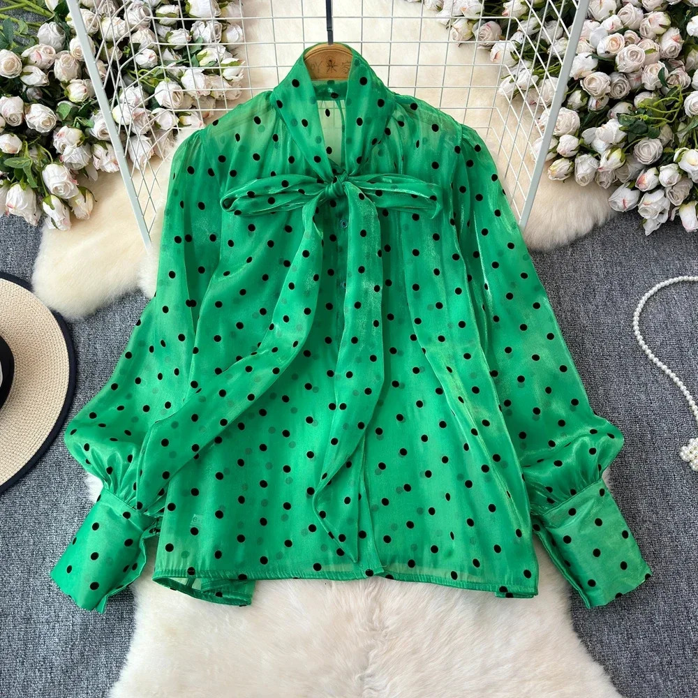 Spring Summer Women Vintage Lantern Long Sleeve Shirt Bow Lace Up Collar Polka Dot Print Loose Tops 250310