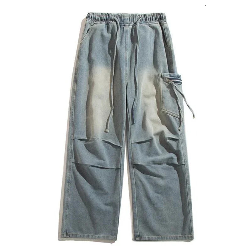 High Street Wrinkle Jeans Mens Cargo Pocket Straight Wide Leg Denim Pantalones Hombre Hip Hop Fashion Bag Y2K 250311