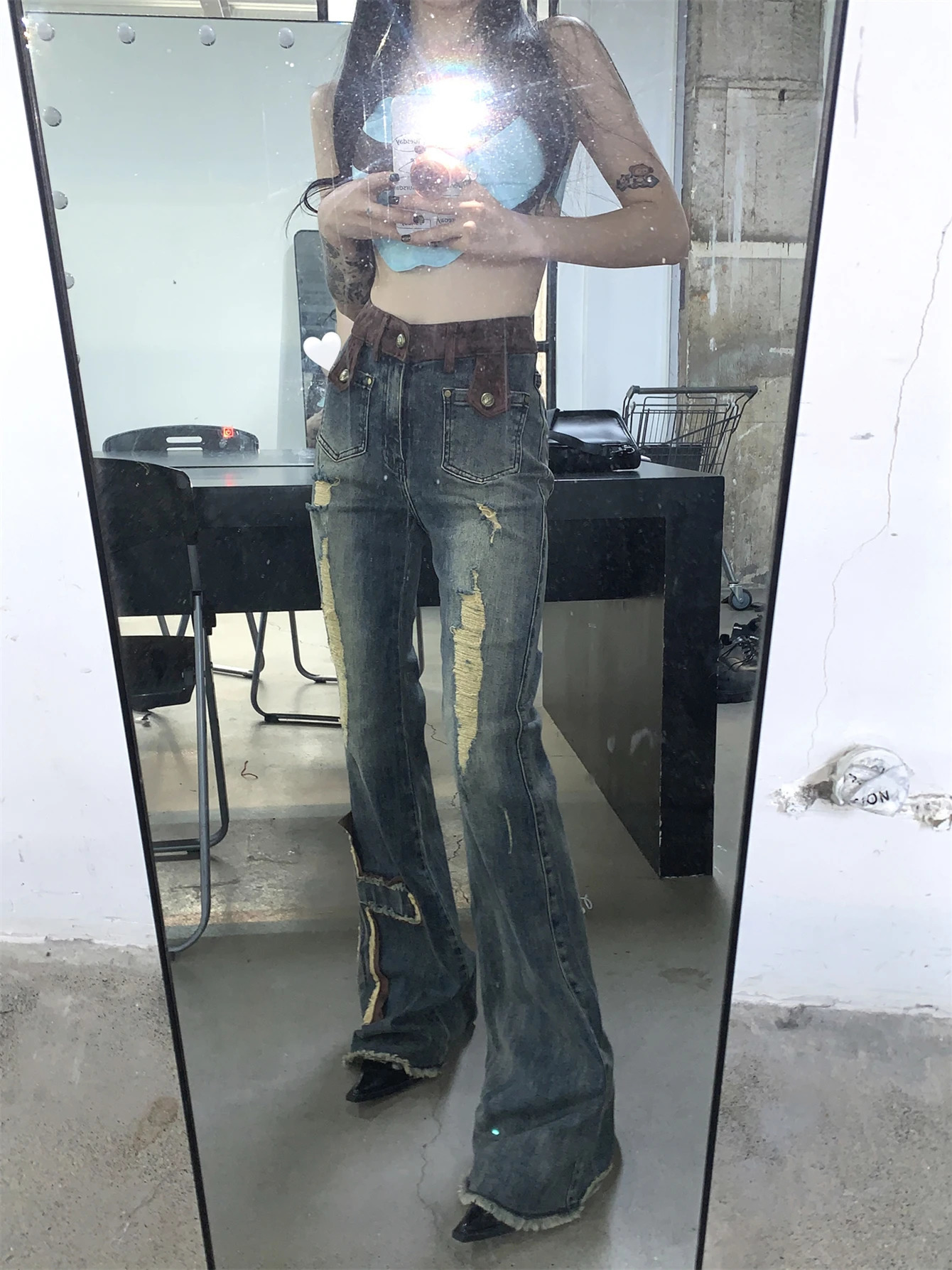 ReddaChic Cross Patchwork Bootcut Pants for Women Destroyed High Rise Slim Trousers Y2k Flare Jeans 90s Retro Korean Streetwear 250306