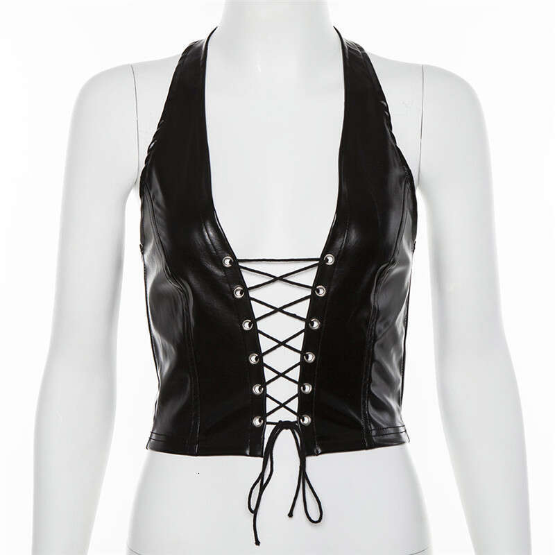 European American 2021 summer women's hanging neck tie sexy lace up hollow out exposed navel PU small vest for women 2025 new style temperament c