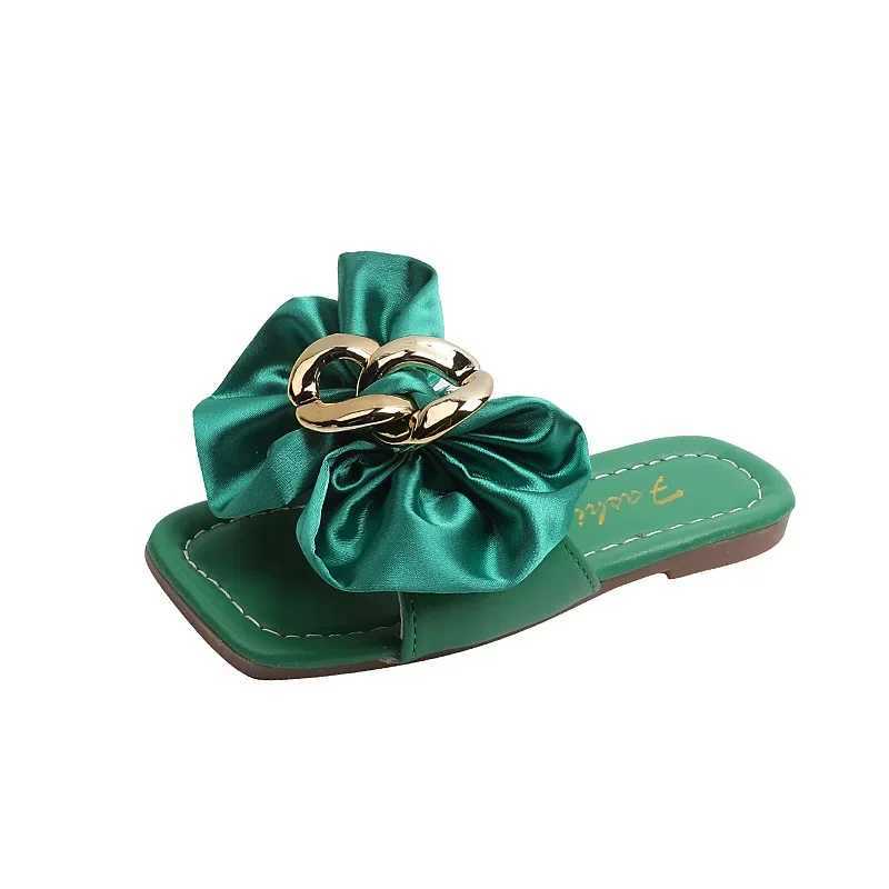 Girls Satin Bow Kids Versatile Slippers 2024 Summer New Green Simple Korean Kids Fashion Flat-bottomed Flip-flops Beach ShoesT250311