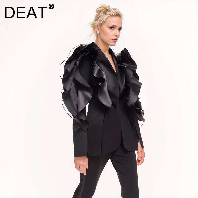 DEAT Fashion Black Three-Dimensional Splicing Ruffle Edge Blazer Women's Asymmetric Slim Fit Suit Jacket Spring 2025 New 7Ab8042