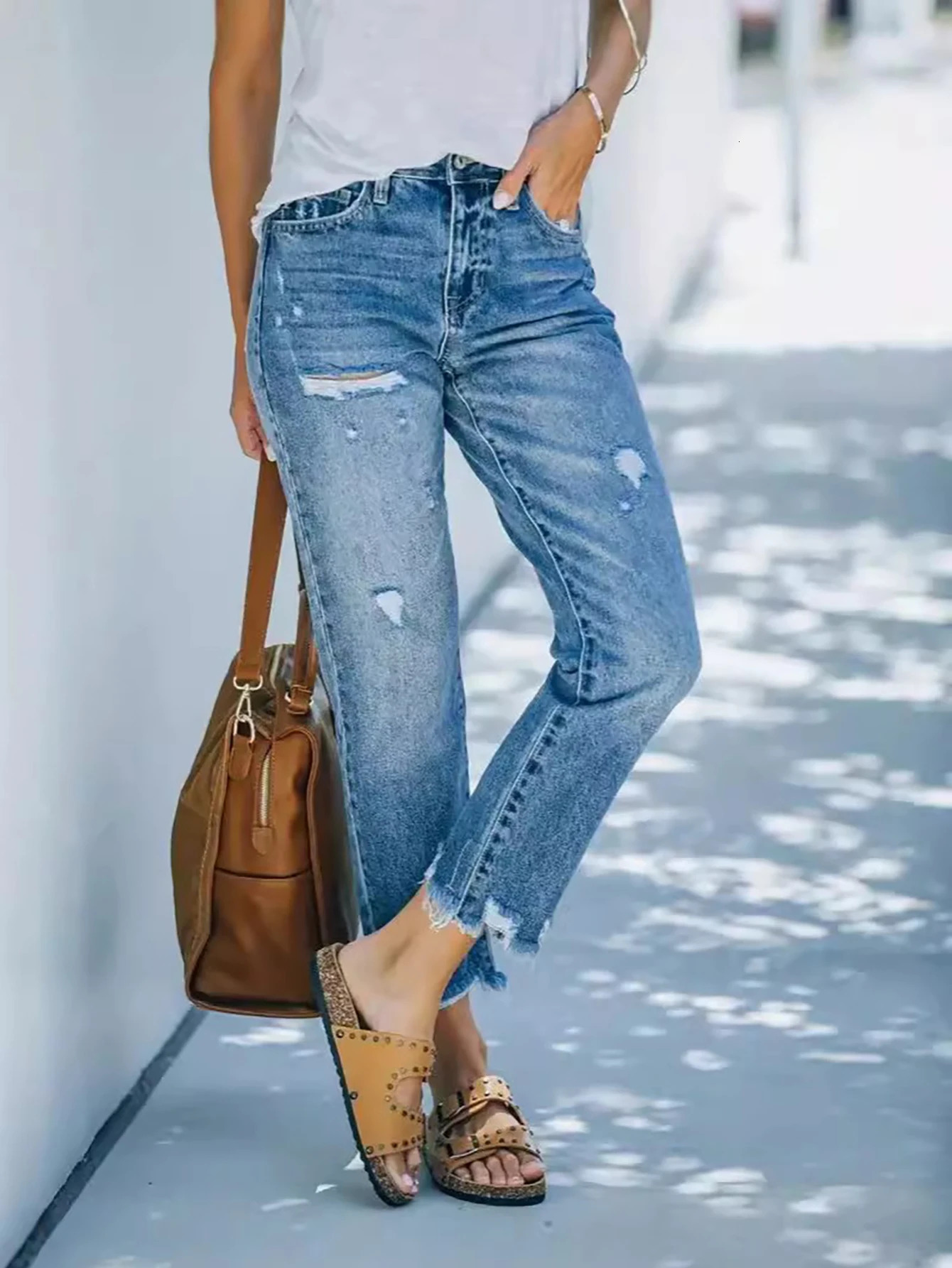 Womens selling midwaist straight pants washed casual ripped jeans 250311