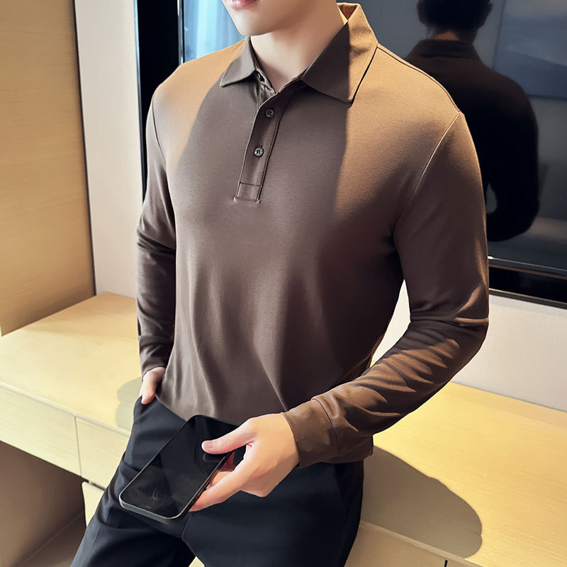 Long sleeved polo shirt, business casual lapel T-shirt, high-end sense, autumn and winter solid color trendy men's clothing tracksuit
