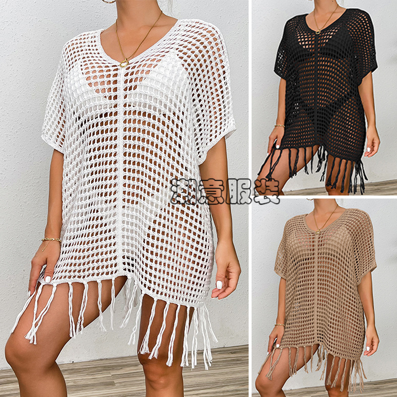 Beach Vacation Sexy Loose Fitting Pullover Tassel Hollowed Out See Through Sunscreen Suit Bikini Beach Cover